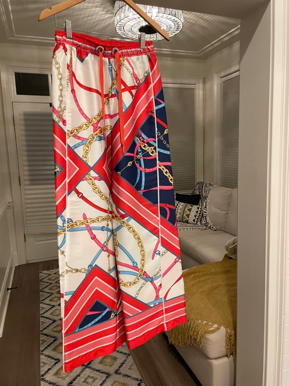 Pinko Red, Navy & White Wide-Leg Printed Satin Pants